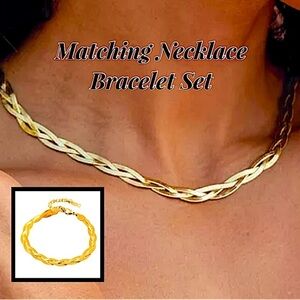 Braided Twisted Gold Plated Herringbone Flat Necklace Matching Bracelet Set